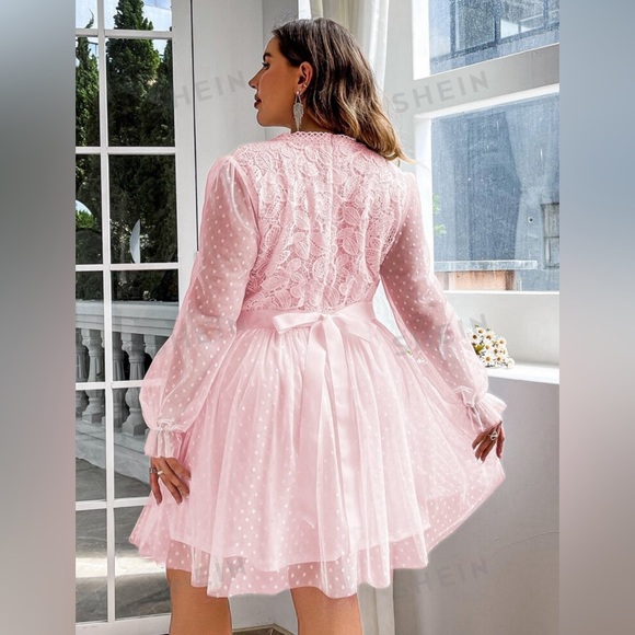 SHEIN Simplee Plus Contrast Lace Bodice Flounce Sleeve Mesh Dress 3X - Picture 2 of 5